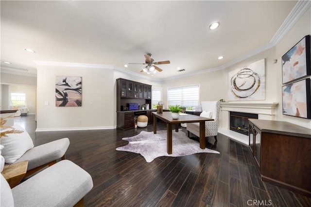 2122 Meteora Way, Rowland Heights, CA 91748 - office area with healthy amount of natural light, ceiling fan, baseboards, dark wood-style flooring, and recessed lighting