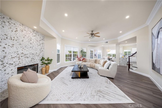 2122 Meteora Way, Rowland Heights, CA 91748 - living area featuring recessed lighting, a fireplace, stairs, ornamental molding, and wood finished floors