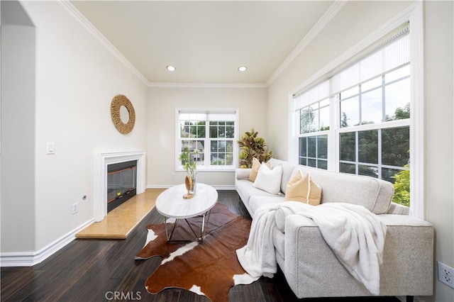 2122 Meteora Way, Rowland Heights, CA 91748 - living room with dark wood-style floors, a glass covered fireplace, recessed lighting, and crown molding