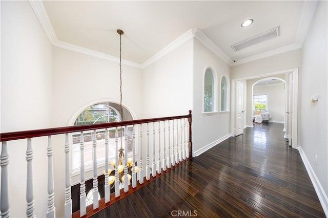 2122 Meteora Way, Rowland Heights, CA 91748 - hall with wood finished floors, ornamental molding, baseboards, arched walkways, and a chandelier