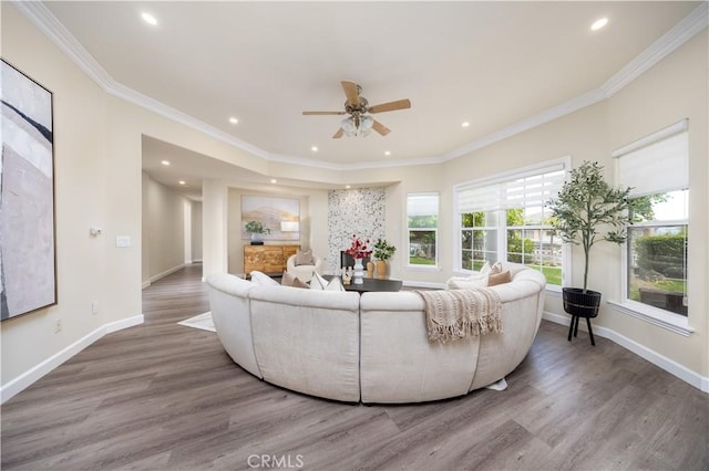 2122 Meteora Way, Rowland Heights, CA 91748 - living room with wood finished floors, ceiling fan, baseboards, recessed lighting, and ornamental molding