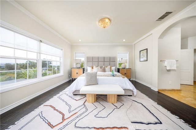 2122 Meteora Way, Rowland Heights, CA 91748 - bedroom featuring wood finished floors, arched walkways, ornamental molding, and recessed lighting