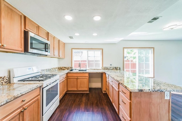 39787 Castile Ave, Murrieta, CA 92562 - kitchen with white range with gas stovetop, stainless steel microwave, a peninsula, dark wood-style floors, and light stone counters