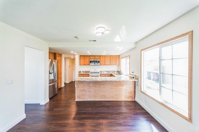 39787 Castile Ave, Murrieta, CA 92562 - kitchen with stainless steel appliances, a peninsula, light stone counters, and dark wood-style floors
