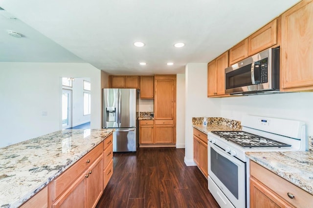 39787 Castile Ave, Murrieta, CA 92562 - kitchen with stainless steel appliances, recessed lighting, dark wood-style flooring, and light stone counters
