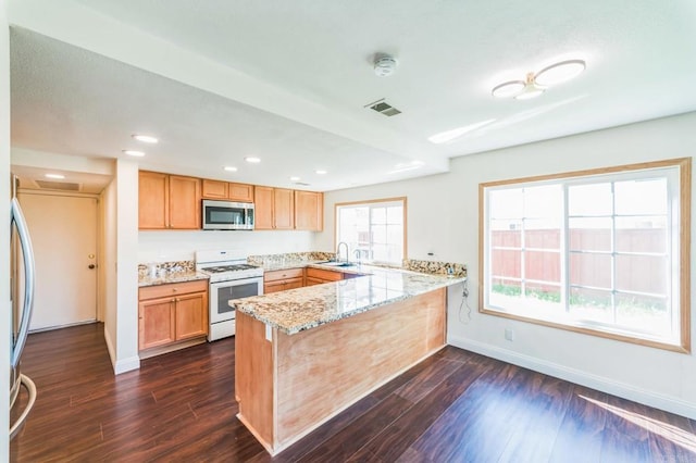 39787 Castile Ave, Murrieta, CA 92562 - kitchen featuring stainless steel appliances, a peninsula, dark wood finished floors, light stone counters, and recessed lighting