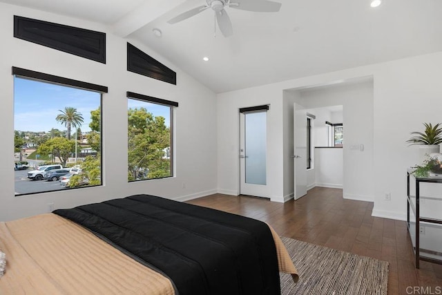 731 Valley Ave, Solana Beach, CA 92075 - bedroom featuring beam ceiling, dark wood-type flooring, recessed lighting, ceiling fan, and high vaulted ceiling