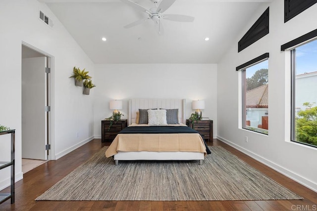 731 Valley Ave, Solana Beach, CA 92075 - bedroom with multiple windows, wood finished floors, recessed lighting, high vaulted ceiling, and a ceiling fan