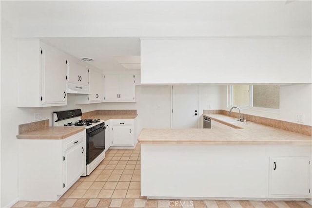 7879 Camino Predera, Rancho Cucamonga, CA 91730 - kitchen with gas range, under cabinet range hood, a peninsula, a sink, and white cabinets