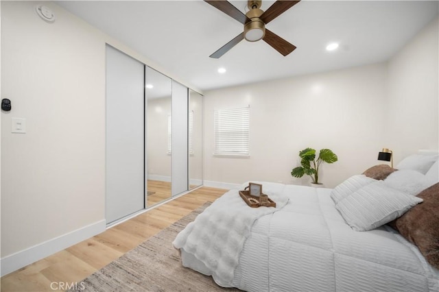 5882 Bowcroft St Unit 2, Los Angeles, CA 90016 - bedroom featuring baseboards, light wood finished floors, recessed lighting, and ceiling fan