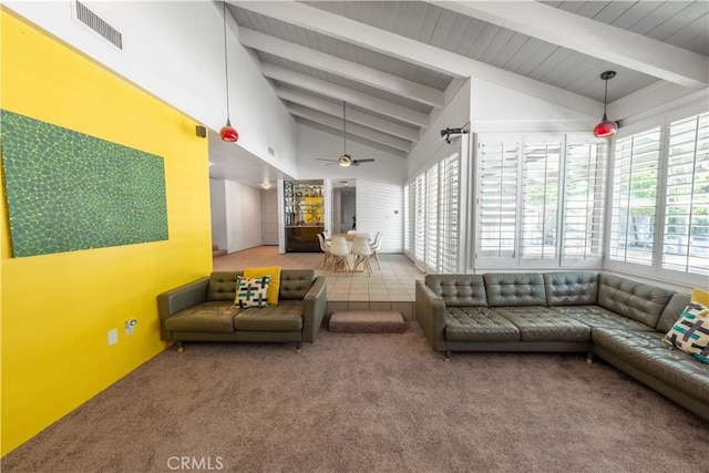 2110 Hathaway Pl, Riverside, CA 92506 - carpeted living room with beam ceiling, a ceiling fan, and high vaulted ceiling