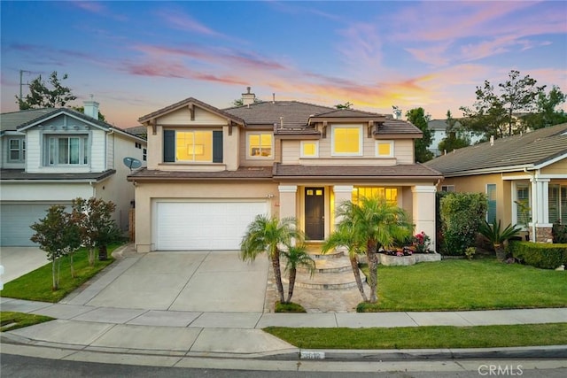 3612 Skylark Way, Brea, CA 92823 - view of front of property with a garage, a tile roof, stucco siding, concrete driveway, and a lawn