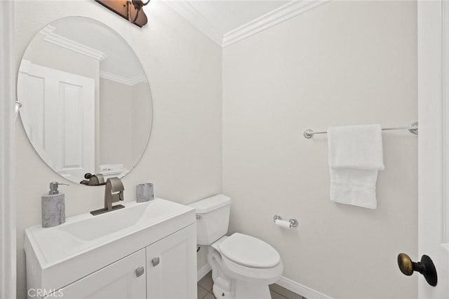 3612 Skylark Way, Brea, CA 92823 - half bathroom featuring ornamental molding, baseboards, vanity, toilet, and tile patterned flooring