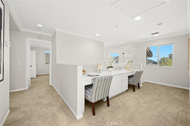 3612 Skylark Way, Brea, CA 92823 - dining area with light carpet, crown molding, baseboards, recessed lighting, and a desk