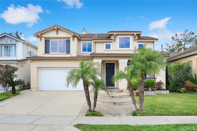 3612 Skylark Way, Brea, CA 92823 - view of front of house with concrete driveway, a garage, a front lawn, stucco siding, and a chimney