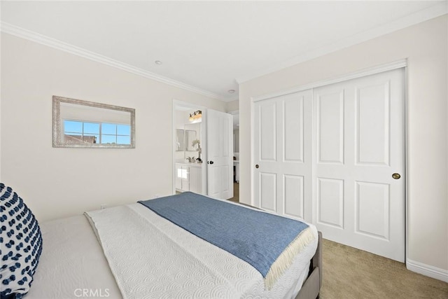 3612 Skylark Way, Brea, CA 92823 - bedroom with carpet flooring, crown molding, a closet, and connected bathroom