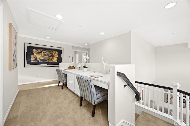 3612 Skylark Way, Brea, CA 92823 - office space featuring light carpet, ornamental molding, baseboards, recessed lighting, and attic access