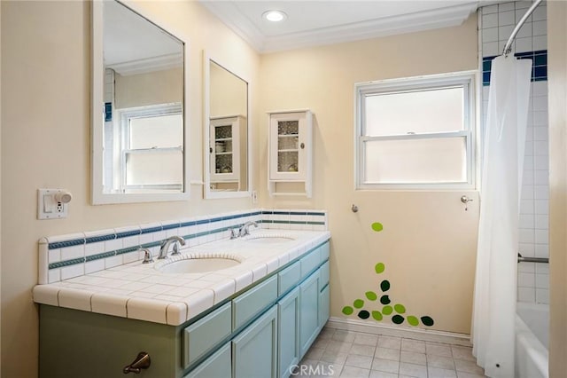 3319 Sparr Blvd, Glendale, CA 91208 - full bathroom featuring double vanity, tile patterned flooring, shower / bath combo with shower curtain, crown molding, and baseboards