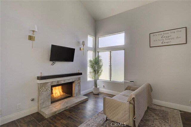 13365 Cloudburst Dr, Corona, CA 92883 - living area featuring a high end fireplace, wood finished floors, and high vaulted ceiling