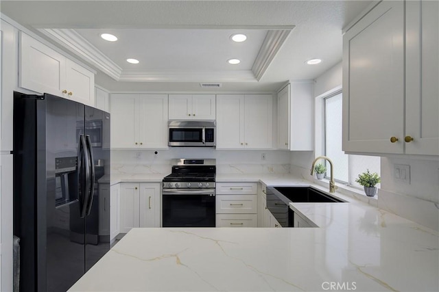 13365 Cloudburst Dr, Corona, CA 92883 - kitchen featuring appliances with stainless steel finishes, a raised ceiling, recessed lighting, white cabinets, and light stone countertops