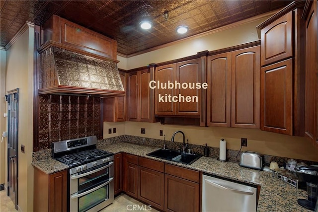13365 Cloudburst Dr, Corona, CA 92883 - kitchen featuring stainless steel appliances, crown molding, stone countertops, an ornate ceiling, and custom exhaust hood