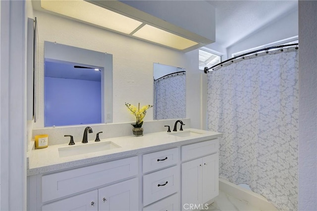 13365 Cloudburst Dr, Corona, CA 92883 - bathroom featuring double vanity and a shower with curtain