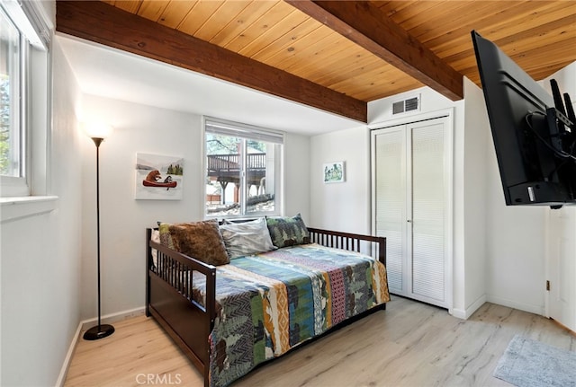609 Dahlia Dr, Green Valley Lake, CA 92341 - bedroom featuring wood finished floors, wooden ceiling with exposed beams, baseboards, and a closet