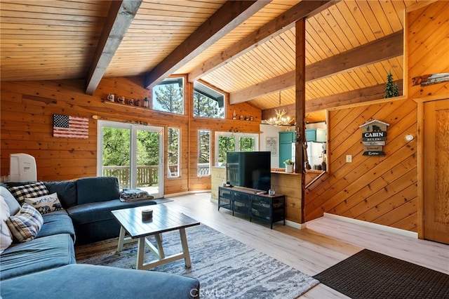 609 Dahlia Dr, Green Valley Lake, CA 92341 - living room with wooden walls, a chandelier, wood finished floors, and wooden ceiling