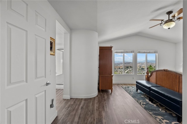 28809 Garnet Canyon Dr, Saugus, CA 91390 - sitting room with ceiling fan, vaulted ceiling, baseboards, and wood finished floors