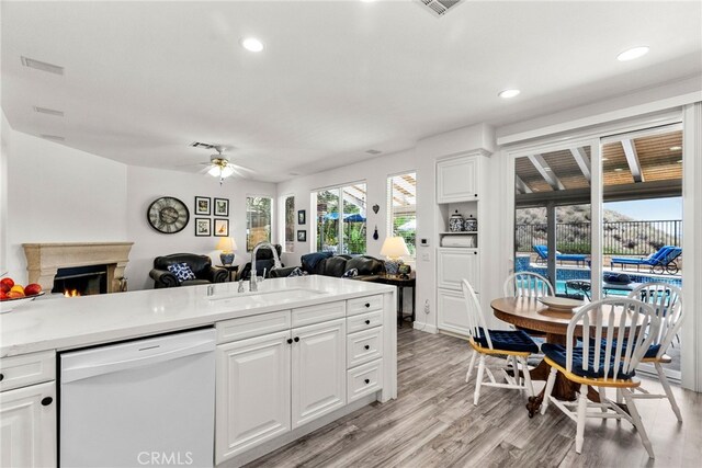 28809 Garnet Canyon Dr, Saugus, CA 91390 - kitchen featuring white dishwasher, a sink, open floor plan, a lit fireplace, and light wood finished floors