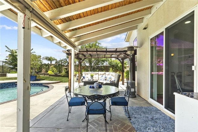 28809 Garnet Canyon Dr, Saugus, CA 91390 - view of patio / terrace with an outdoor pool, a pergola, outdoor dining area, and an outdoor hangout area