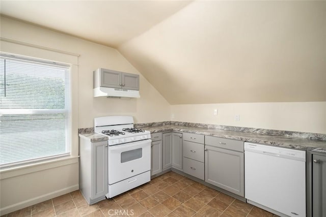 8740 El Camino Real Unit A, Atascadero, CA 93422 - kitchen featuring white appliances, under cabinet range hood, gray cabinets, lofted ceiling, and light countertops