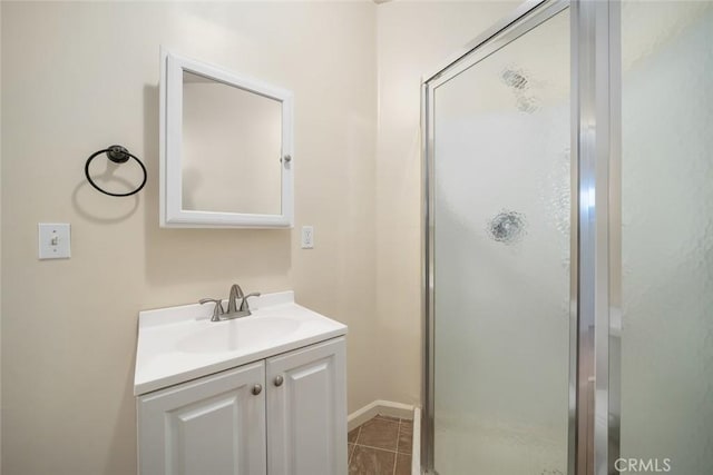 8740 El Camino Real Unit A, Atascadero, CA 93422 - bathroom featuring vanity, a shower stall, tile patterned flooring, and baseboards