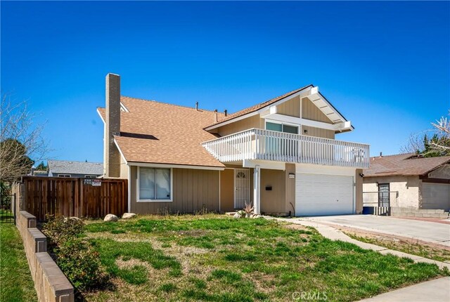 44419 Fenhold, Lancaster, CA 93535 - traditional-style home featuring a balcony, roof with shingles, concrete driveway, a garage, and a chimney