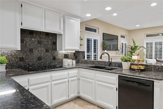 530 S Laureltree Dr, Anaheim Hills, CA 92808 - kitchen with black appliances, a peninsula, white cabinetry, dark stone countertops, and recessed lighting