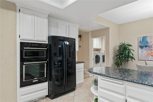 530 S Laureltree Dr, Anaheim Hills, CA 92808 - kitchen with black appliances, independent washer and dryer, white cabinets, dark stone counters, and crown molding