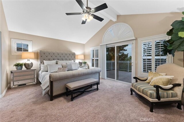 530 S Laureltree Dr, Anaheim Hills, CA 92808 - bedroom with light colored carpet, access to outside, beam ceiling, high vaulted ceiling, and a ceiling fan