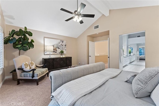 530 S Laureltree Dr, Anaheim Hills, CA 92808 - carpeted bedroom featuring beamed ceiling, high vaulted ceiling, and a ceiling fan