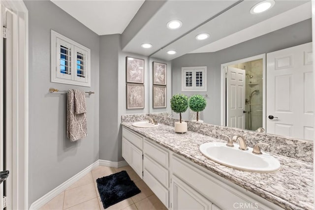 530 S Laureltree Dr, Anaheim Hills, CA 92808 - full bath featuring double vanity, a stall shower, tile patterned floors, and recessed lighting