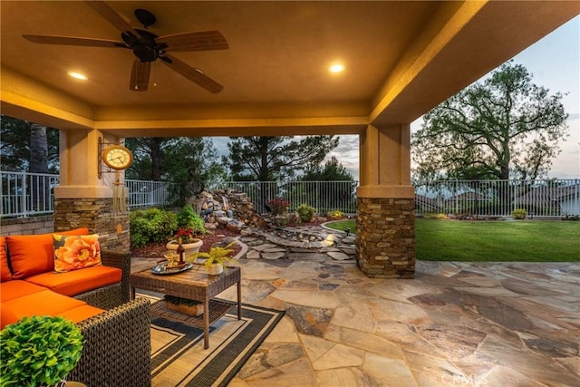 530 S Laureltree Dr, Anaheim Hills, CA 92808 - fenced backyard featuring an outdoor living space, a ceiling fan, and a patio