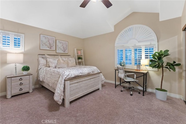 530 S Laureltree Dr, Anaheim Hills, CA 92808 - carpeted bedroom featuring a desk, vaulted ceiling, a ceiling fan, and multiple windows