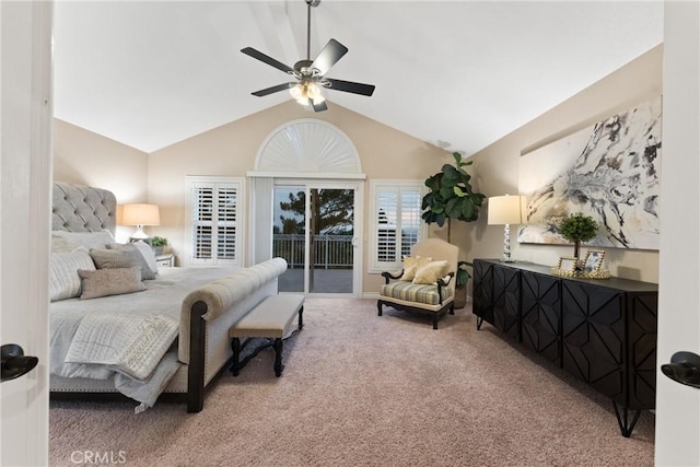 530 S Laureltree Dr, Anaheim Hills, CA 92808 - bedroom featuring carpet flooring, access to exterior, lofted ceiling, and ceiling fan