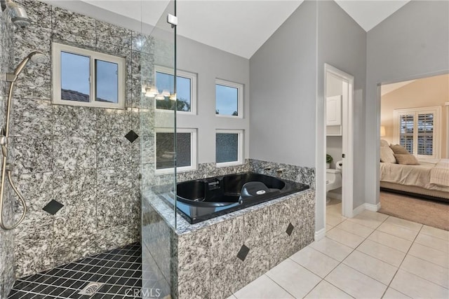 530 S Laureltree Dr, Anaheim Hills, CA 92808 - bathroom with tile patterned floors, a garden tub, lofted ceiling, and walk in shower
