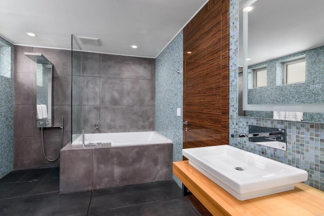 3879 Ocean Front Walk, San Diego, CA 92109 - bathroom featuring tile walls, a bath, tile patterned flooring, a walk in shower, and vanity