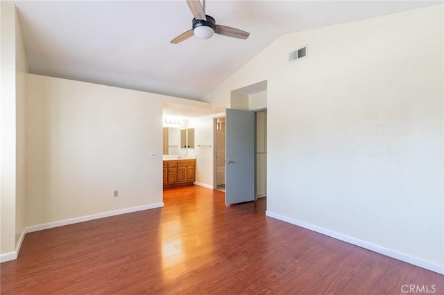 1573 E Brockton Ave, Redlands, CA 92374 - unfurnished room featuring ceiling fan, wood finished floors, baseboards, and high vaulted ceiling
