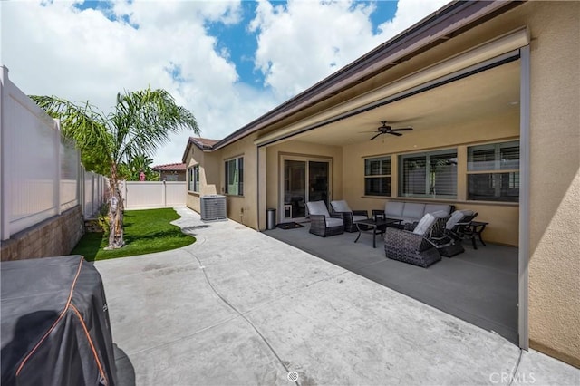 11638 Oakton Way, Corona, CA 92883 - fenced backyard featuring an outdoor hangout area, ceiling fan, and a patio area
