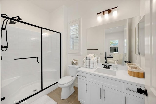 11638 Oakton Way, Corona, CA 92883 - bathroom with vanity, a shower stall, toilet, and tile patterned floors