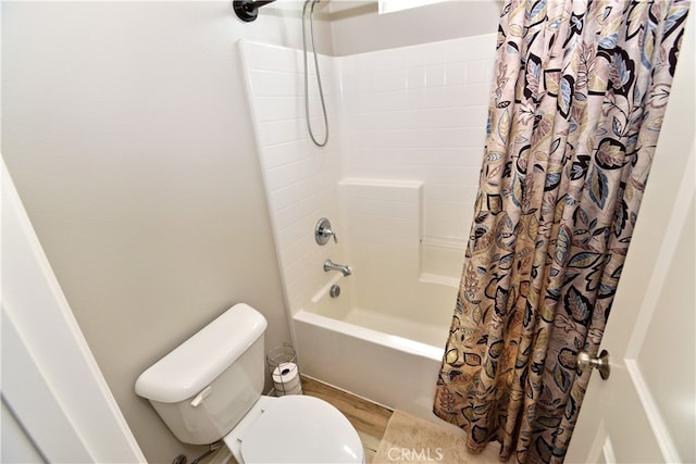35582 Laurel Tree Ct, Winchester, CA 92596 - bathroom with shower / bath combination with curtain, toilet, and wood finished floors
