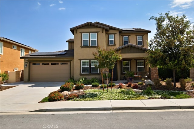 35582 Laurel Tree Ct, Winchester, CA 92596 - view of front of property with solar panels, a porch, and stucco siding