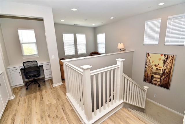 35582 Laurel Tree Ct, Winchester, CA 92596 - hallway featuring an upstairs landing, light wood finished floors, plenty of natural light, and recessed lighting